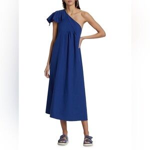 NEW FARM RIO leaf one-shoulder midi dress in blue Linen Blend Size S Small